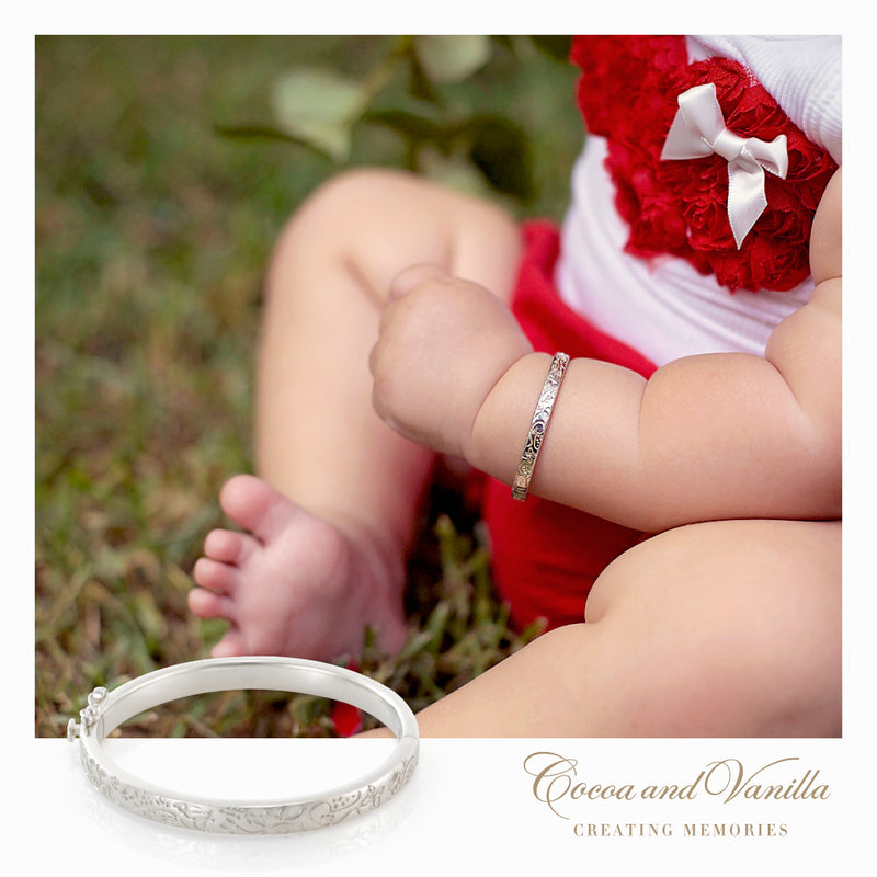 Circle of Life Baby Bangle - Etched with cocoons, caterpillars, butterflies and Bees  - representing Love , Life and the Joy of watching your little girl grow. 